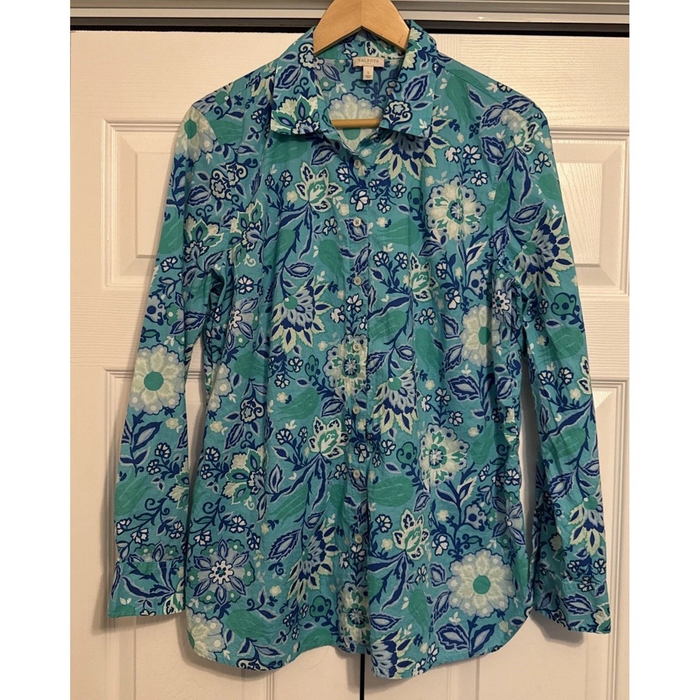 Talbots Top Tropical Floral Print Button Up Shirt Long Sleeve Size L Beachy‎